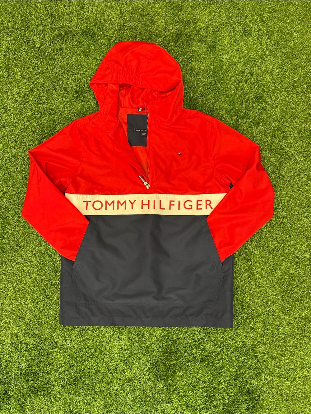 Tommy Hilfiger Red, Navy Blue & white Hooded Rain Anorak